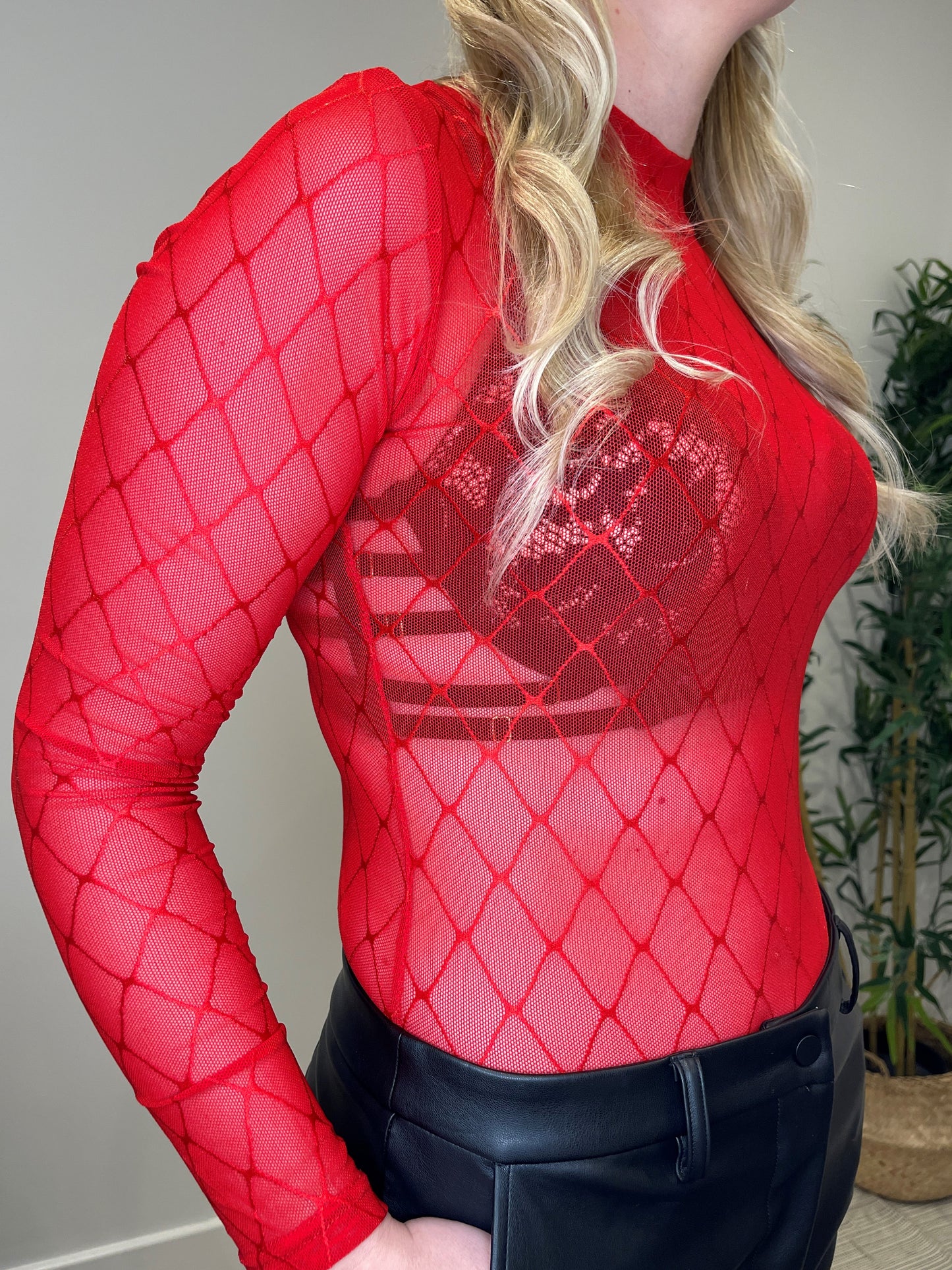 Long sleeve Red Sheer Lattice Body Suit