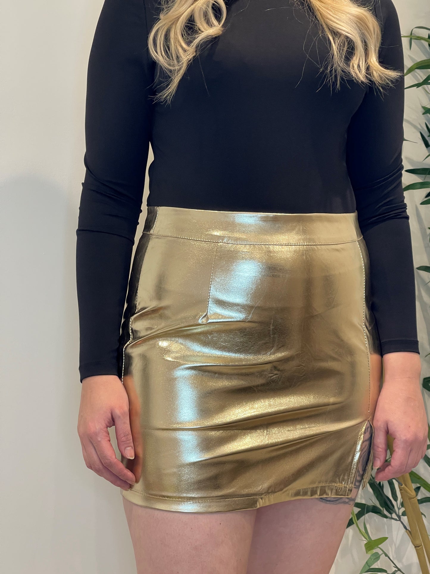 PU Gold Mini Skirt with Slit