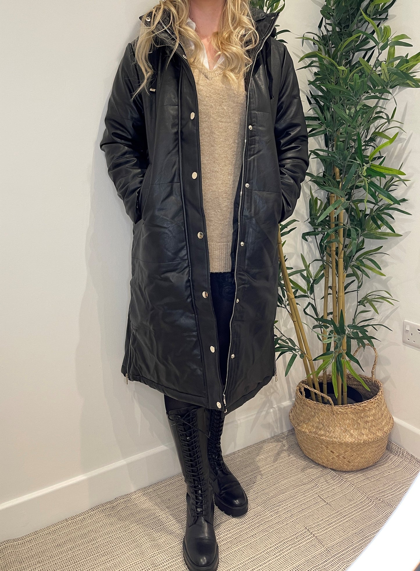 Black Faux Leather Quilted Coat