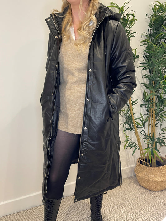 Black Faux Leather Quilted Coat