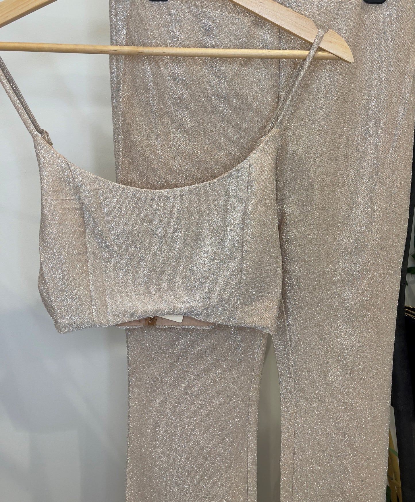 Beige Shimmer Bralet and High Waisted Flare Trouser Set