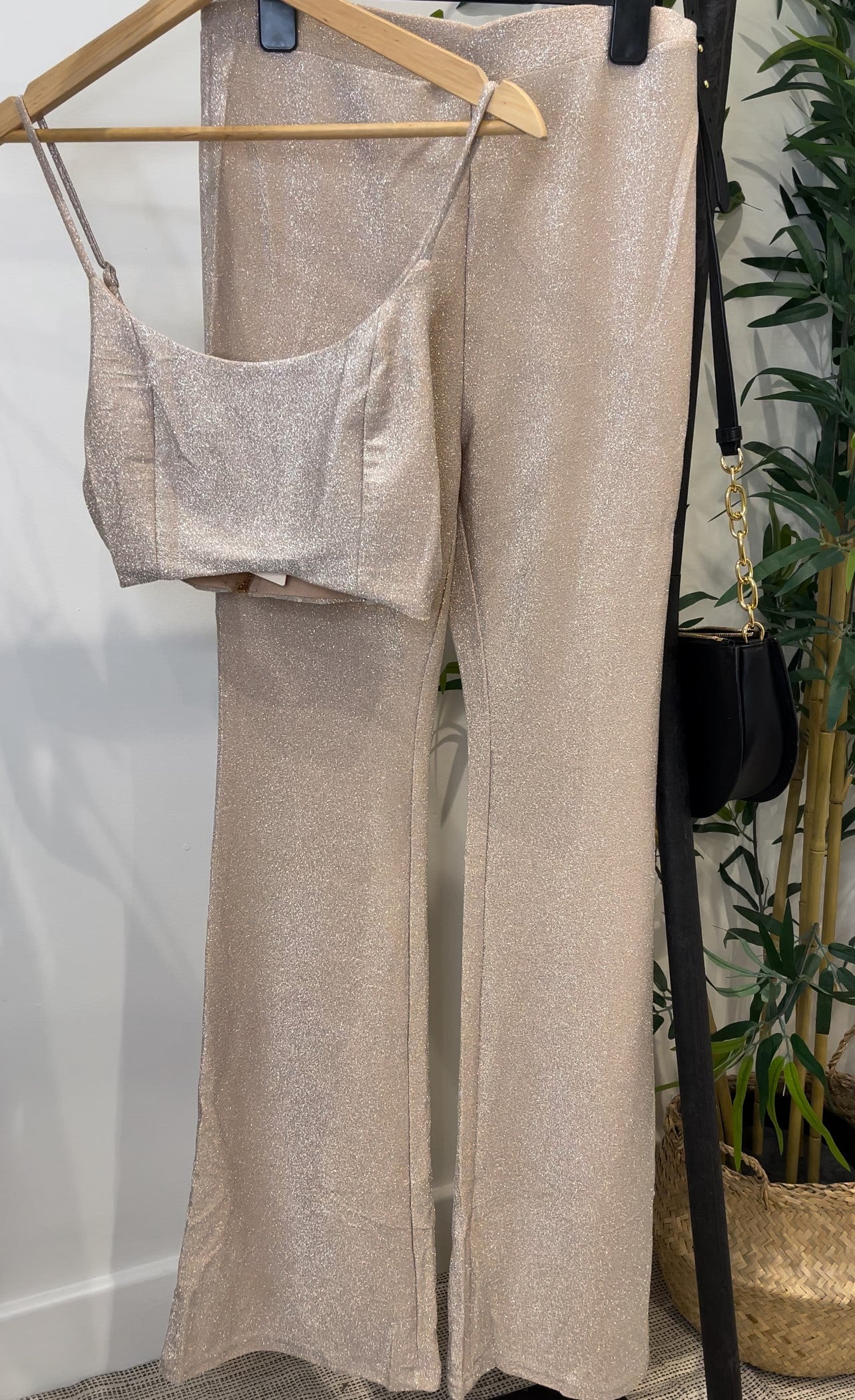 Beige Shimmer Bralet and High Waisted Flare Trouser Set