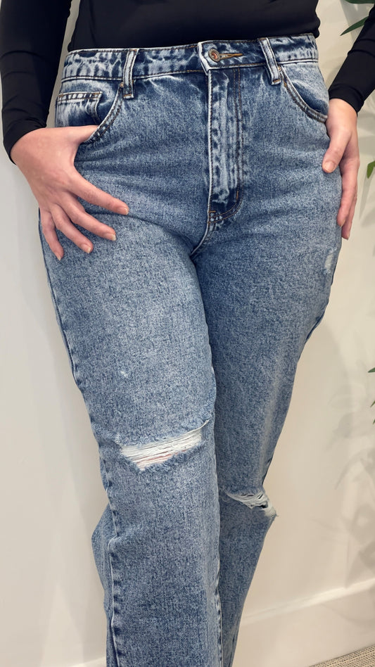 Straight Leg Blue Ripped Denim Jeans