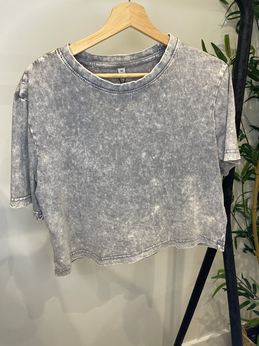 Grey Cropped Acid Wash T-Shirt